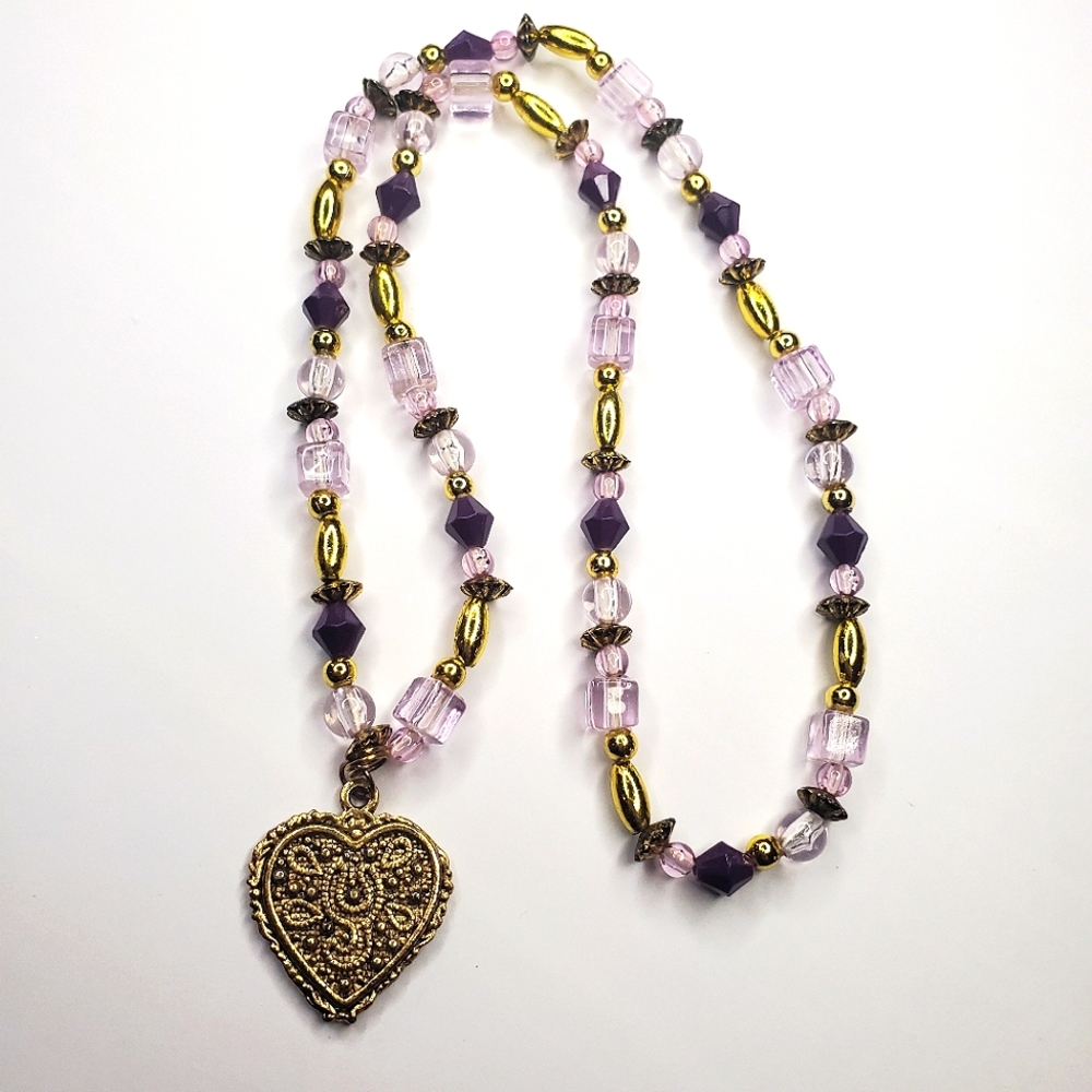Gold & Purple Beaded Necklace w/ Pendant